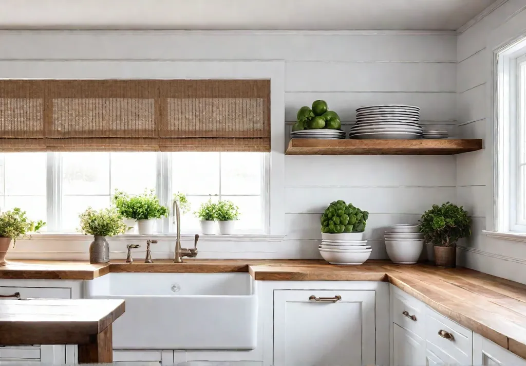 A farmhouse kitchen featuring a white shiplap backsplash butcher block countertops andfeat