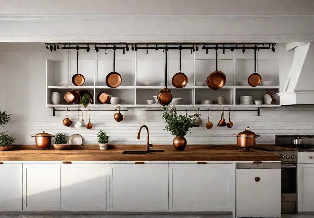 A farmhouse kitchen with a white shiplap backsplash adorned with hanging copperfeat