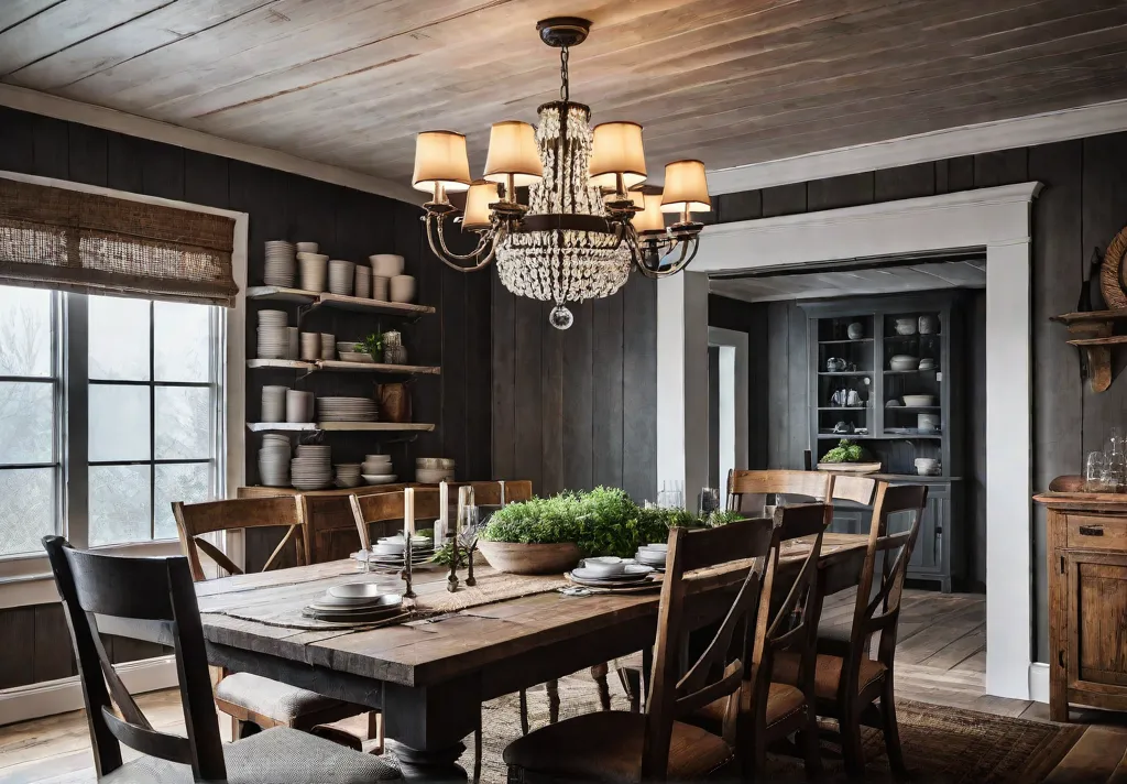 A farmhouse style dining room with a large reclaimed wood table asfeat