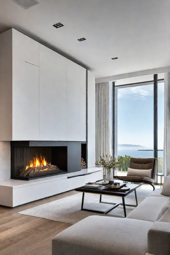 A fireplace serves as a warm and inviting centerpiece in this minimalist