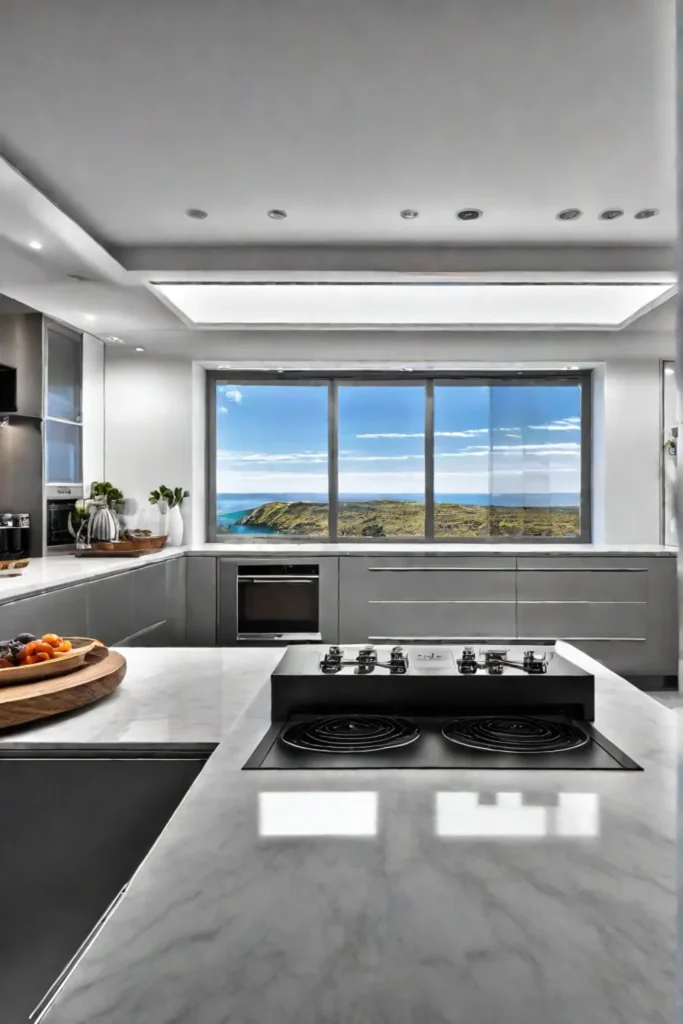 A kitchen island appliance garage with concealed stainless steel appliances