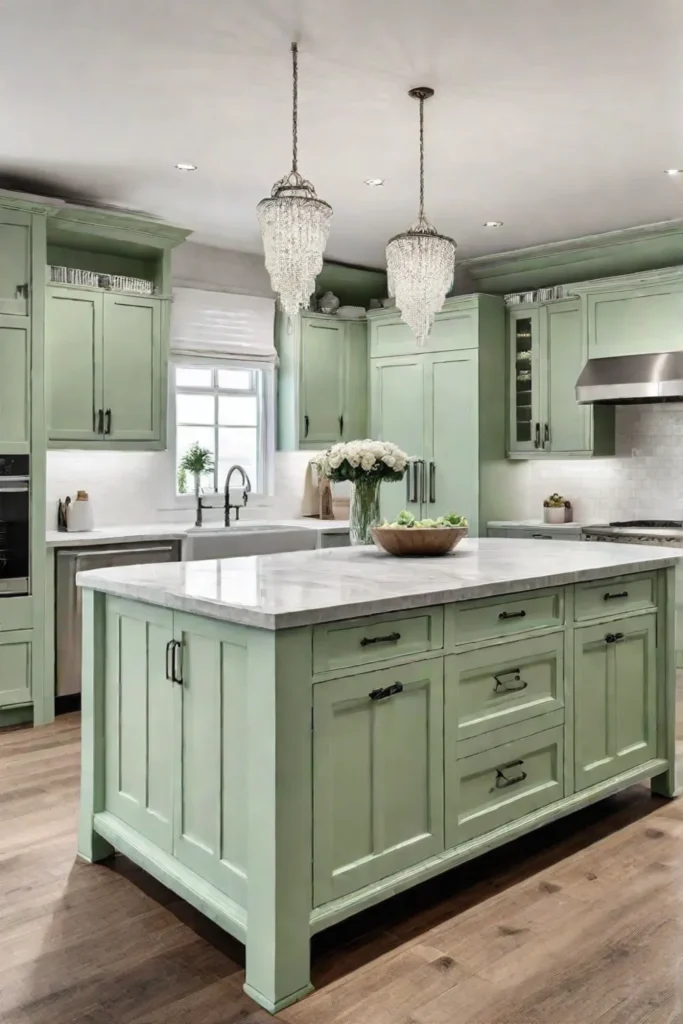 A kitchen island cabinet finished in a soothing pastel green color blending