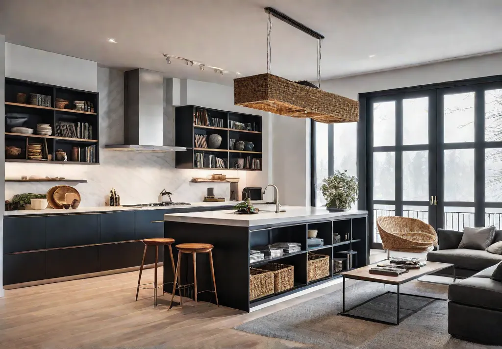 A kitchen island with open shelves overflowing with cookbooks vibrant dishware andfeat