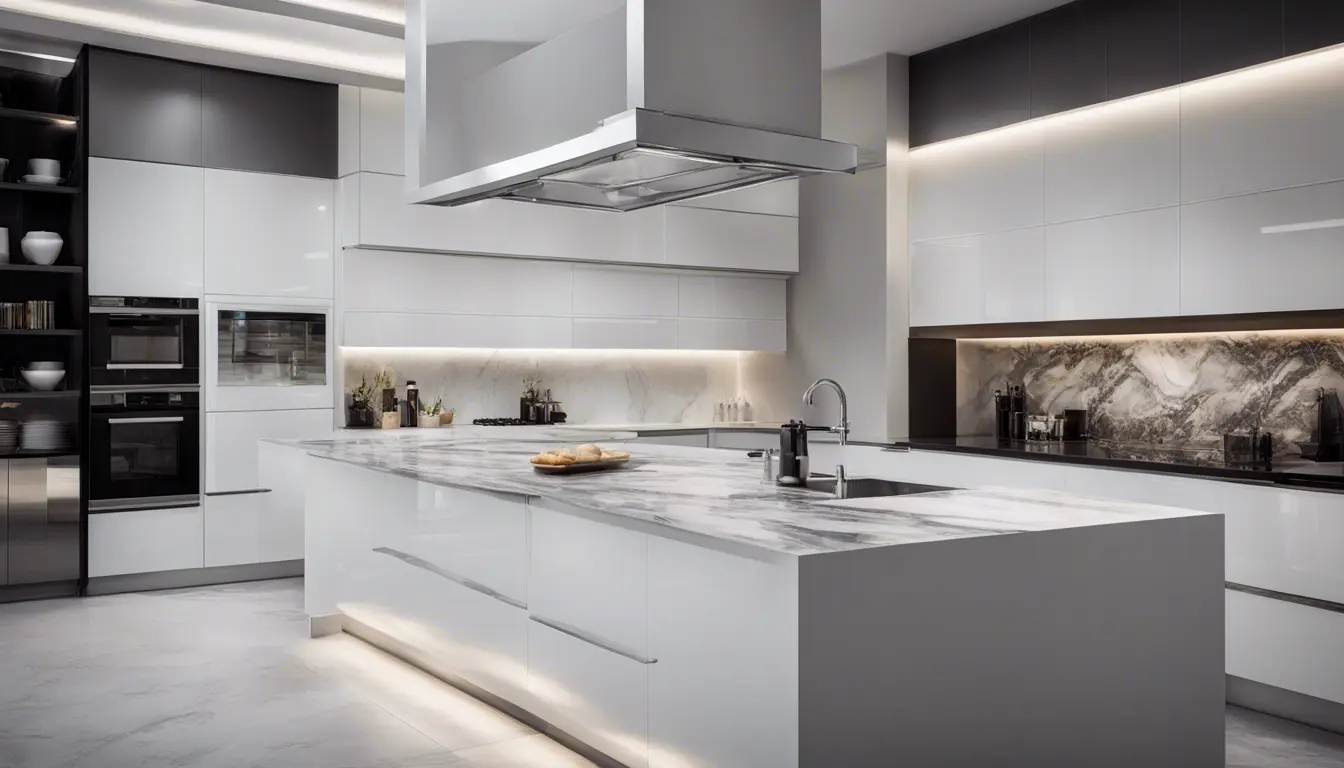 A lavish modern kitchen featuring sleek, high gloss white lacquer cabinetry