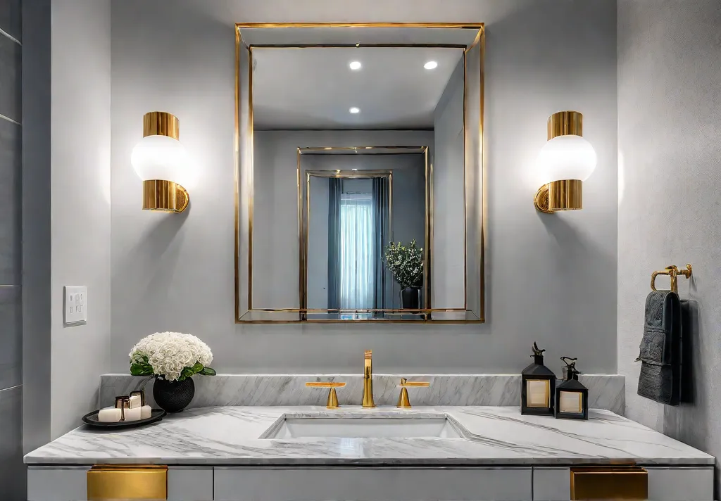 A luxurious bathroom vanity featuring an elegant white marble countertop a sleekfeat