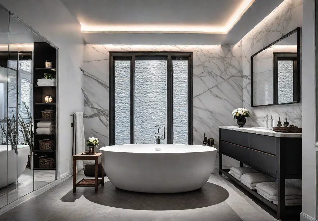 A luxurious bathroom with a freestanding tub and a wallmounted sink withfeat