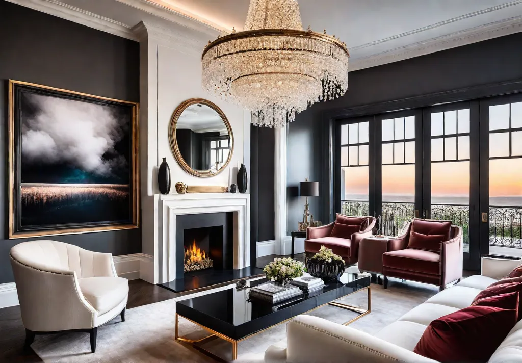 A luxurious living room with a statement fireplace highend furniture with velvetfeat