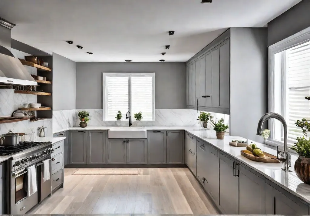 A minimalist kitchen with clean white cabinets and countertops showcasing the declutteredfeat