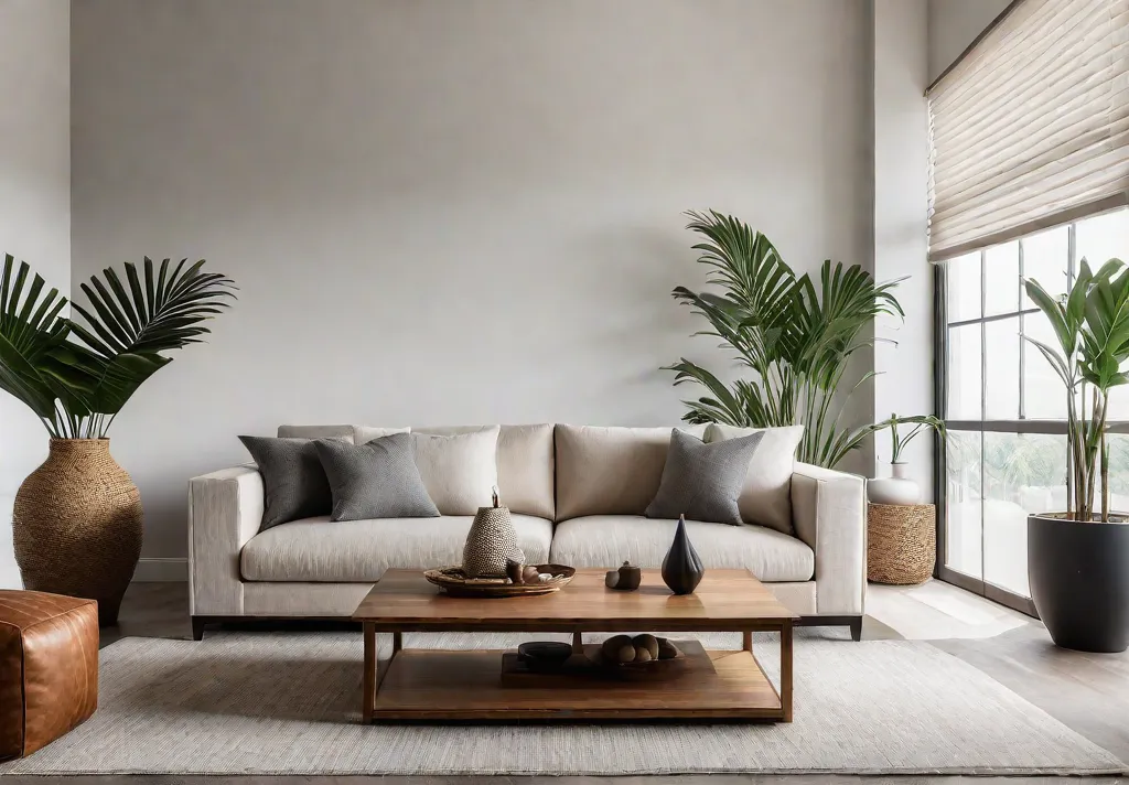 A minimalist living room bathed in natural light featuring a beige linenfeat