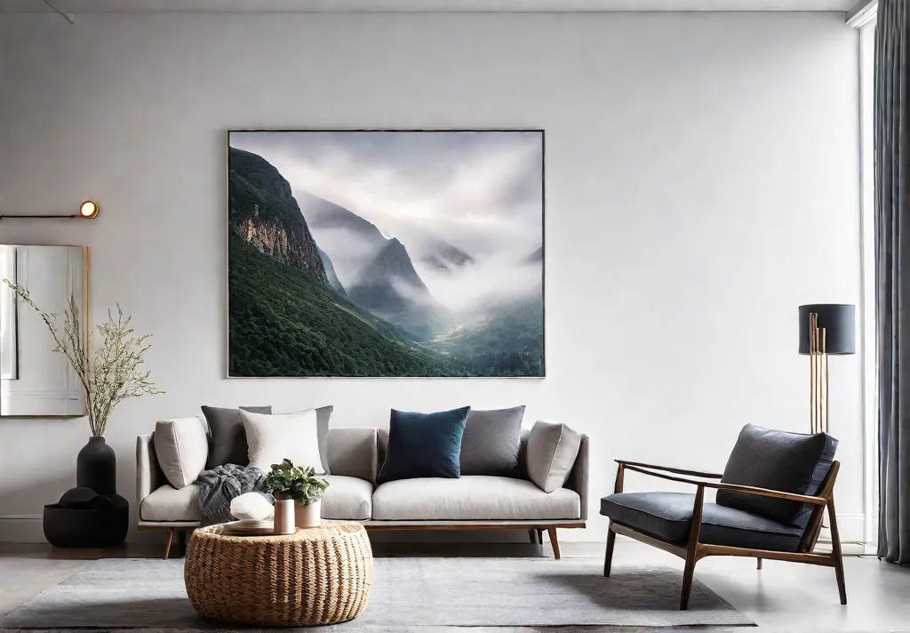 A minimalist living room bathed in natural light featuring a large abstractfeat