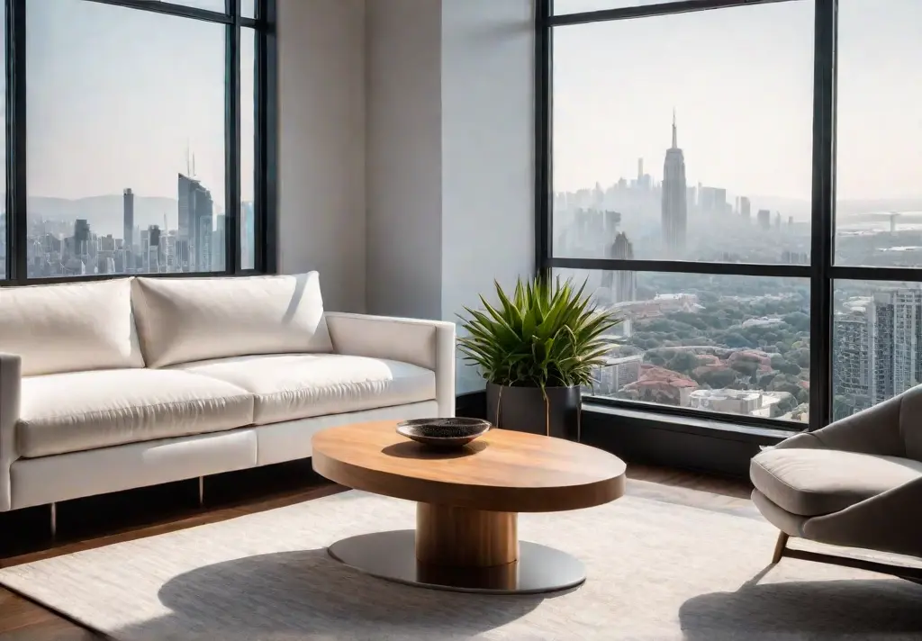 A minimalist living room bathed in natural light, featuring a sleek white sofa