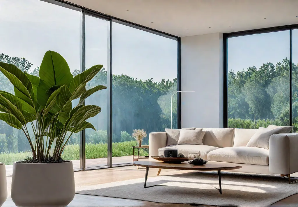 A minimalist living room bathed in natural light with large windows overlookingfeat