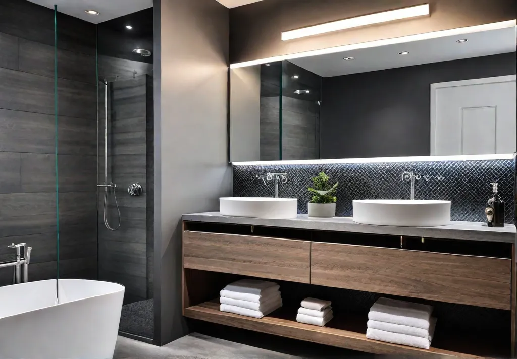 A modern and stylish bathroom with a floating vanity with two sinksfeat