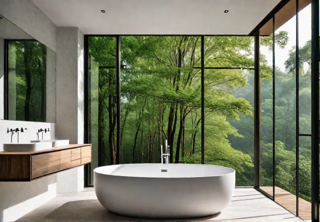 A modern bathroom bathed in natural light with floortoceiling windows showcasing afeat