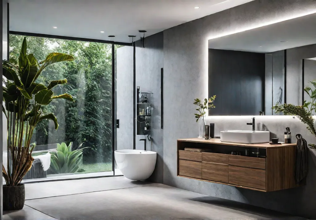 A modern bathroom with a sleek vessel sink and floating vanity featuringfeat