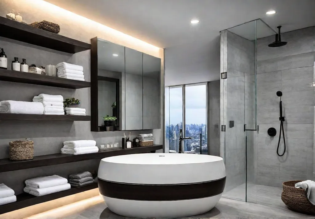 A modern bathroom with floating shelves and overthetoilet storage maximizing vertical spacefeat