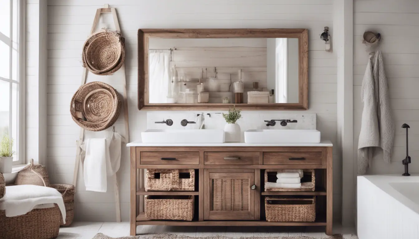 A modern farmhouse bathroom with a rustic wood vanity and a white ceramic undermount sink, featuring