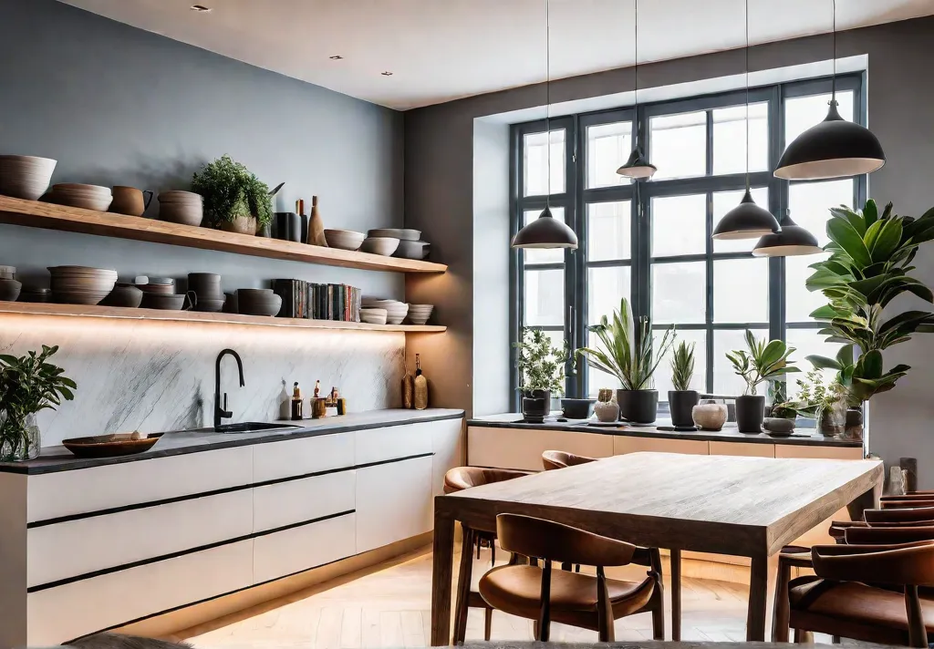 A modern kitchen bathed in natural light featuring sleek floating shelves craftedfeat