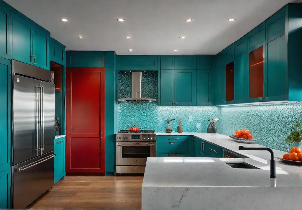 A modern kitchen bathed in sunlight with vibrant teal cabinets a patternedfeat