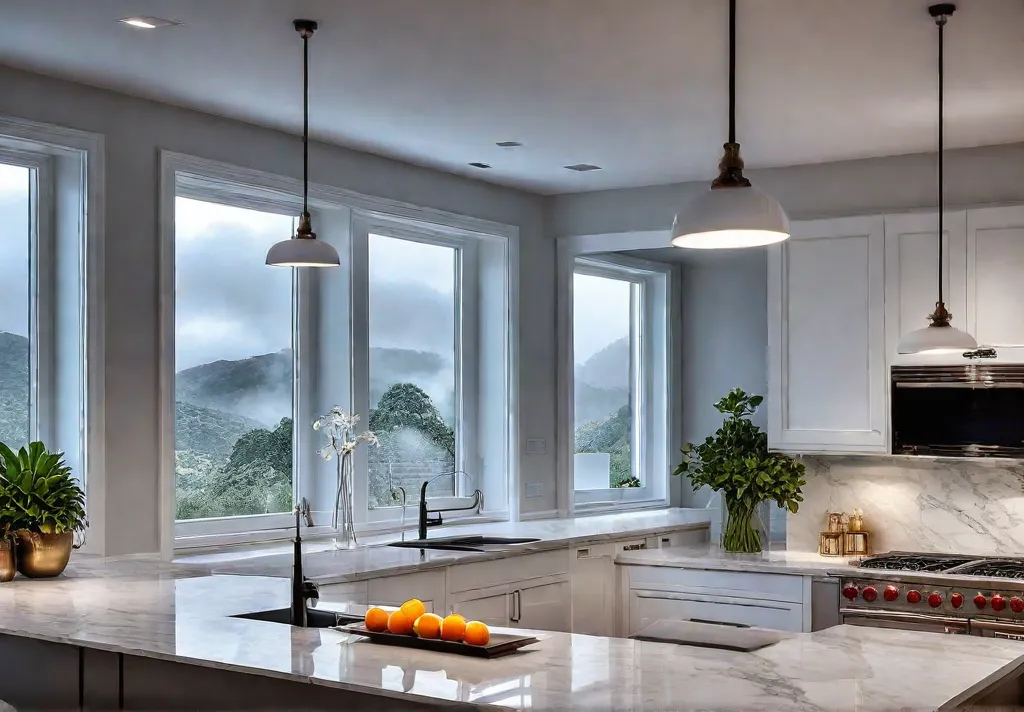 A modern kitchen bathed in warm layered lighting showcasing a combination offeat