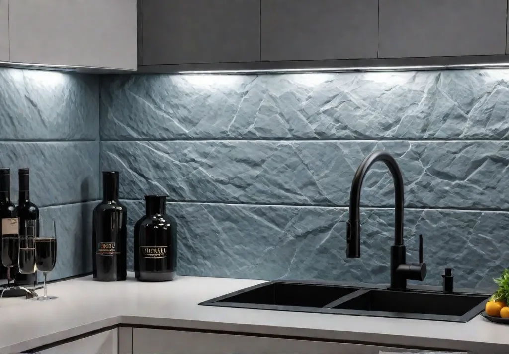 A modern kitchen featuring a textured stone backsplash with intricate patterns creatingfeat