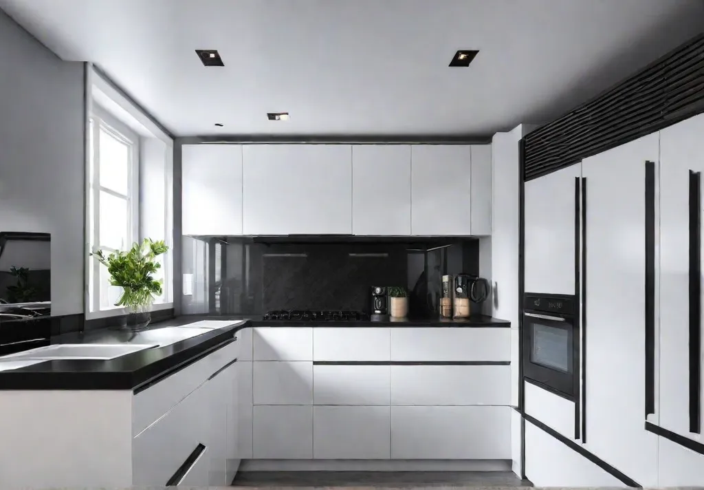 A modern kitchen featuring sleek minimalist Shakerstyle cabinets in a crisp whitefeat