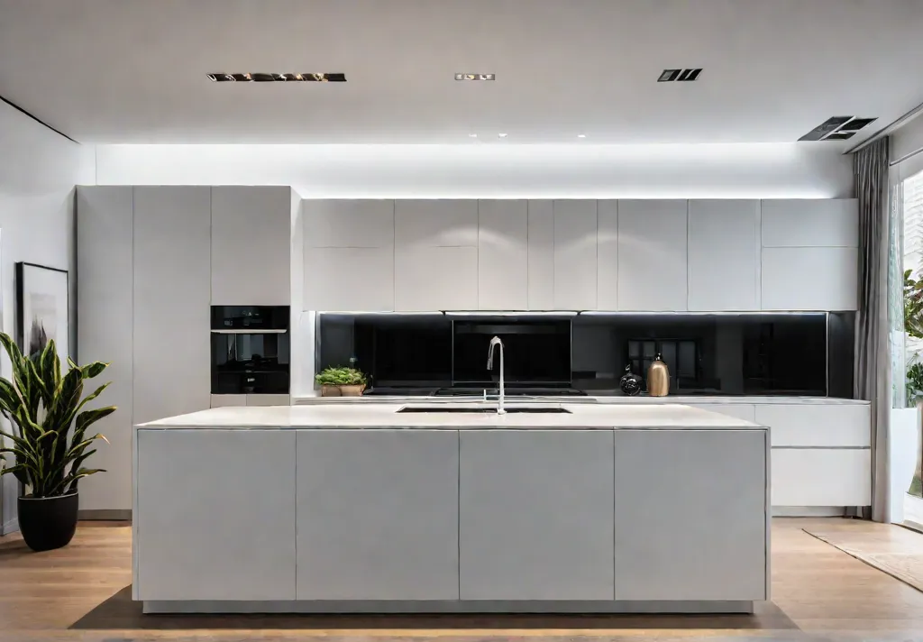 A modern kitchen with sleek minimalist white cabinets featuring hidden handles andfeat