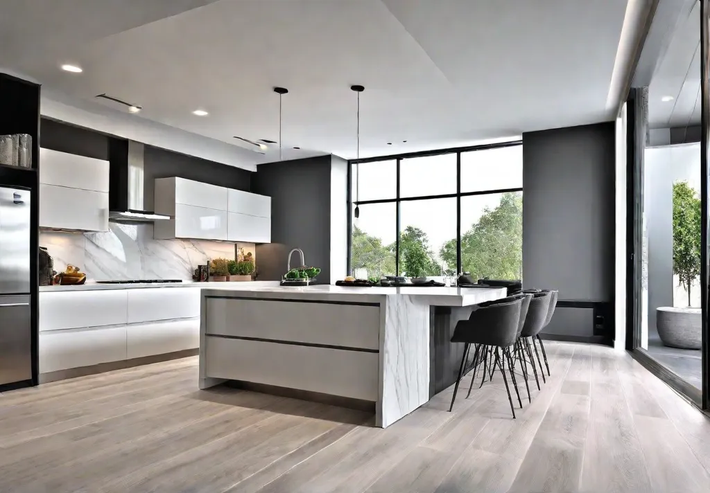 A modern kitchen with sleek white cabinets stainless steel appliances and largefeat