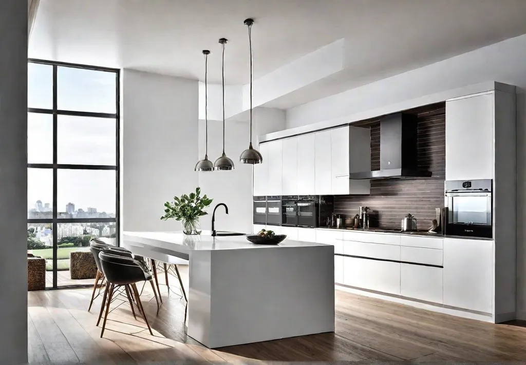 A modern kitchen with sleek white cabinets that extend to the ceilingfeat