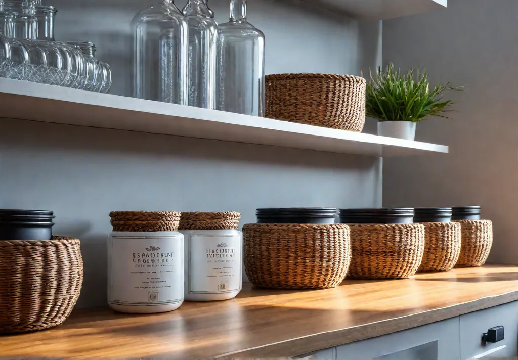 A modern kitchen with white open shelving showcasing a stylish arrangement offeat