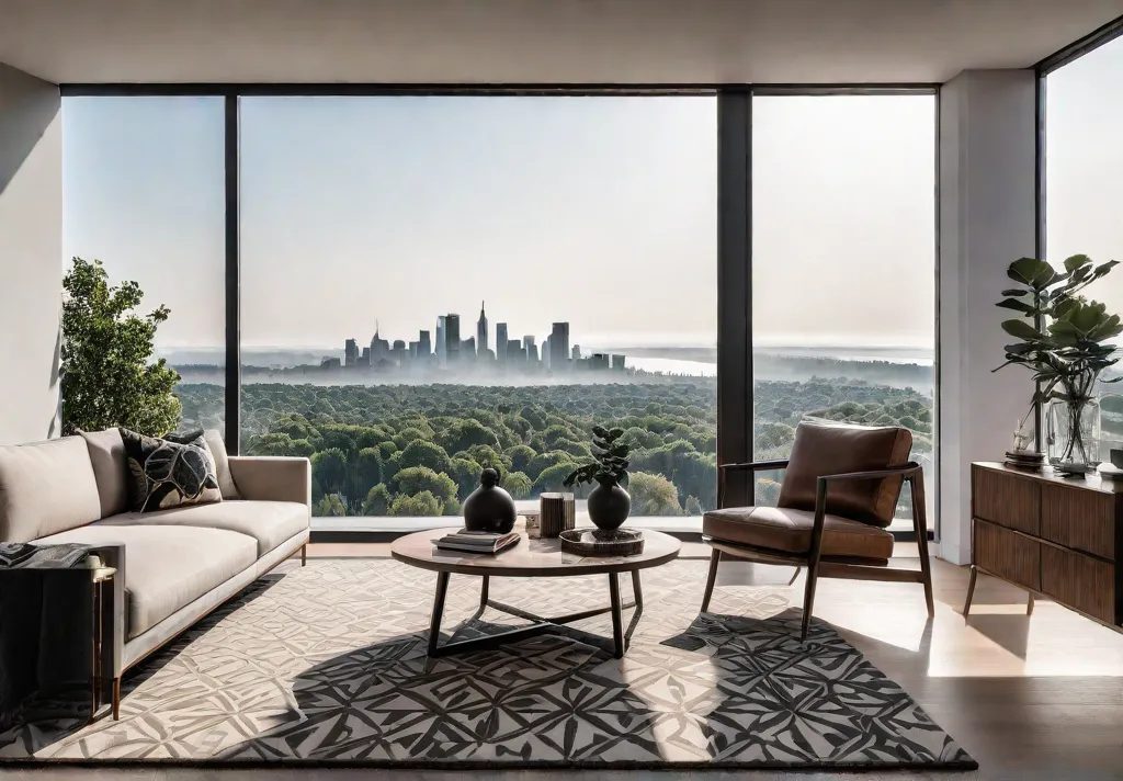 A modern living room with clean lines minimalist furniture in neutral colorsfeat