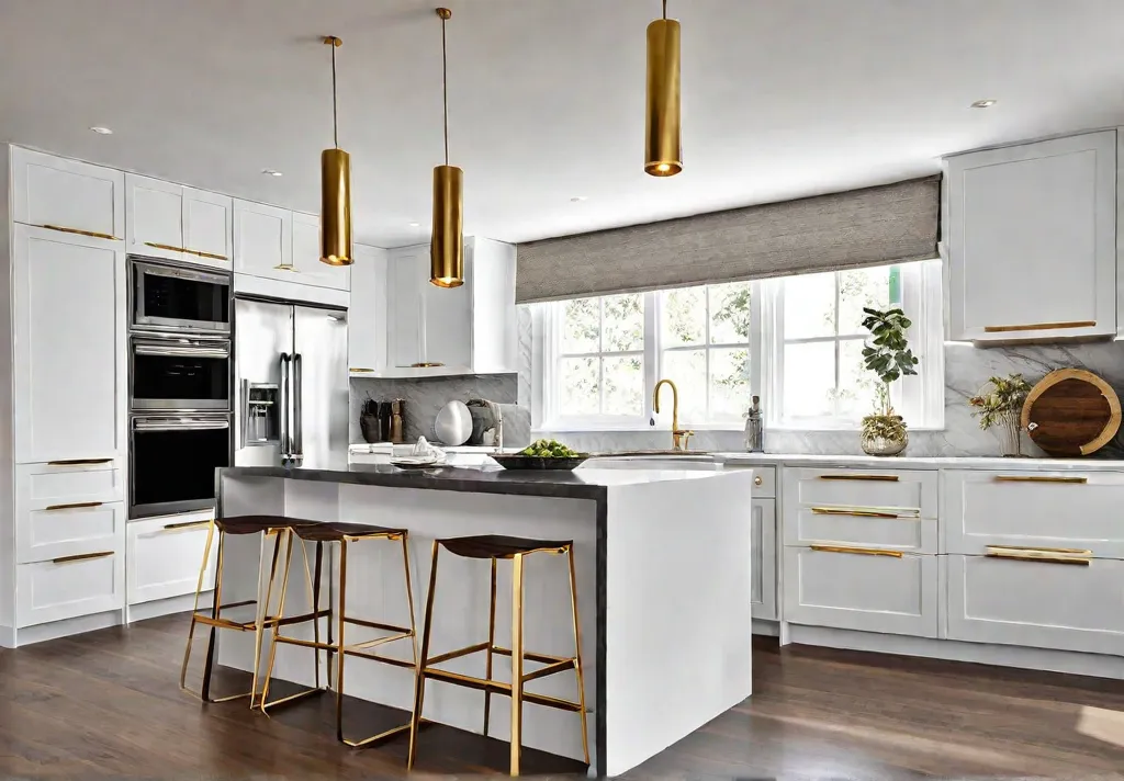 A modern luxury kitchen featuring a sleek white island with waterfall edgesfeat