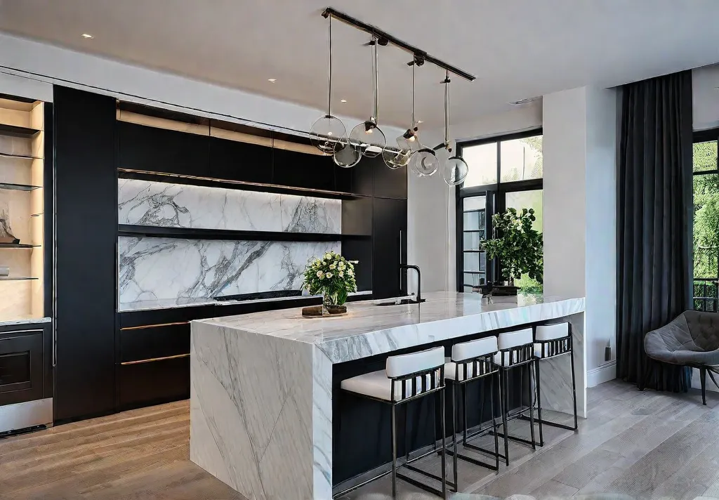 A modern luxury kitchen with sleek white lacquered cabinetry a stunning marblefeat