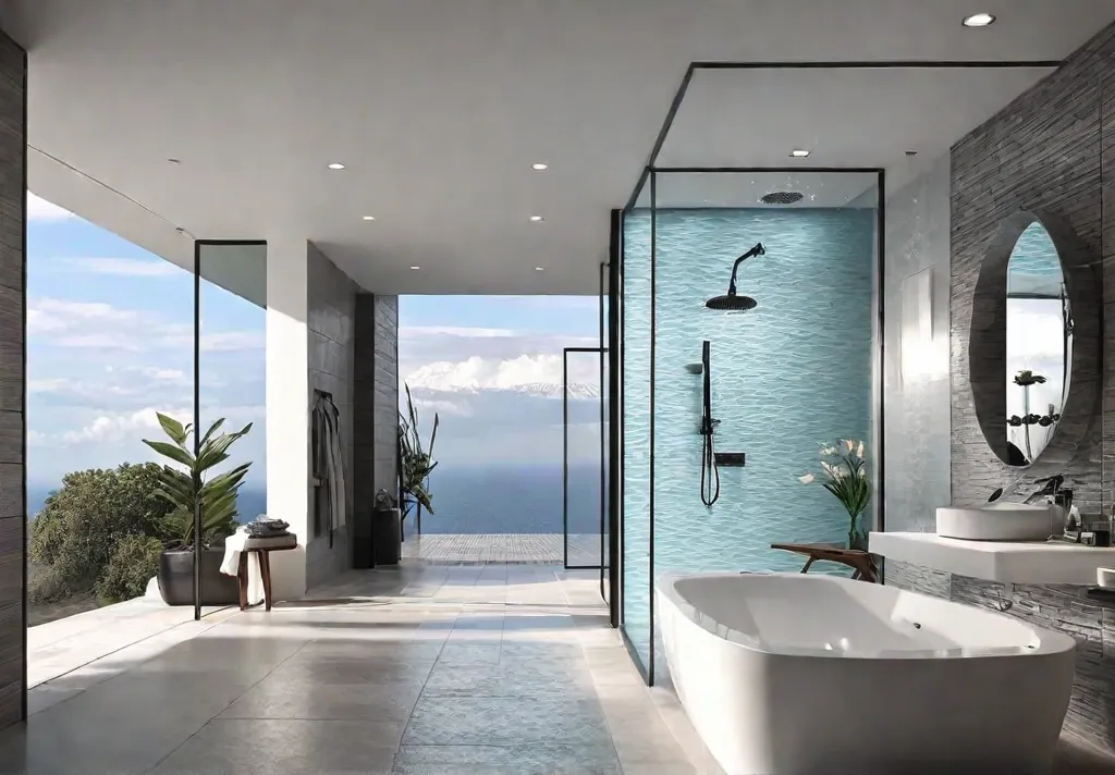 A modern master bathroom featuring a spacious walkin shower with ambient lightingfeat