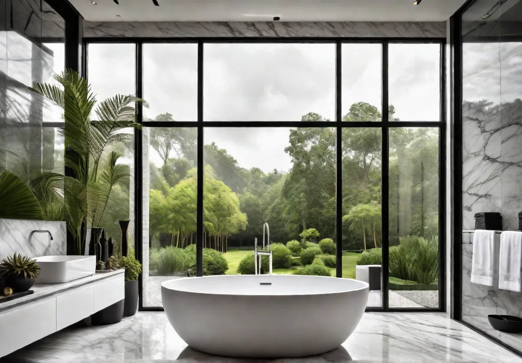 A modern master bathroom with a freestanding bathtub marble tile walls andfeat