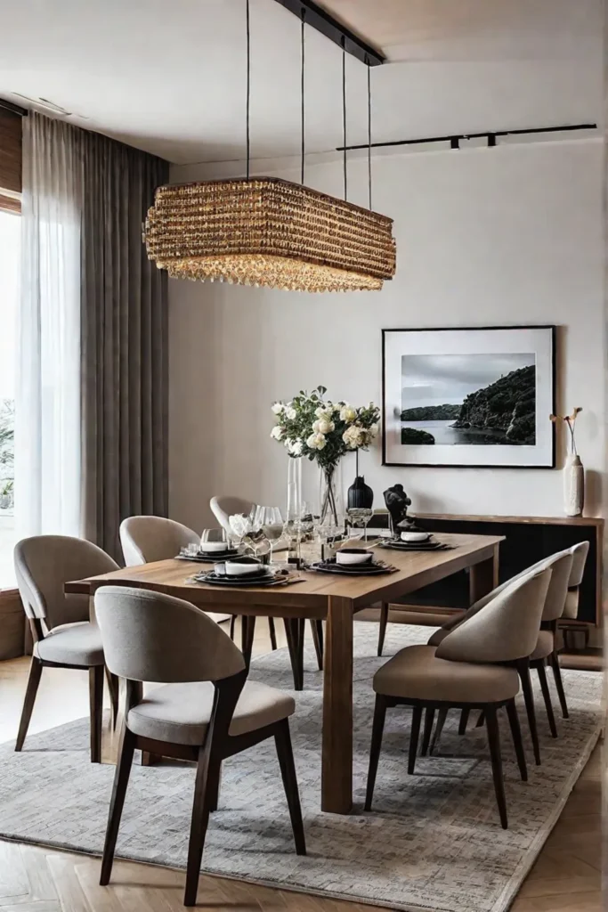 A modern minimalist dining room with a sleek wooden table neutralcolored chairs