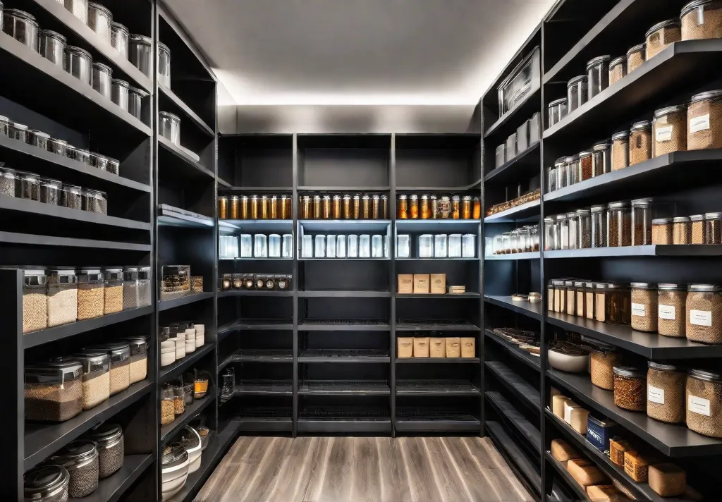 A pantry with floortoceiling shelves filled with labeled airtight containers showcasing maximizedfeat