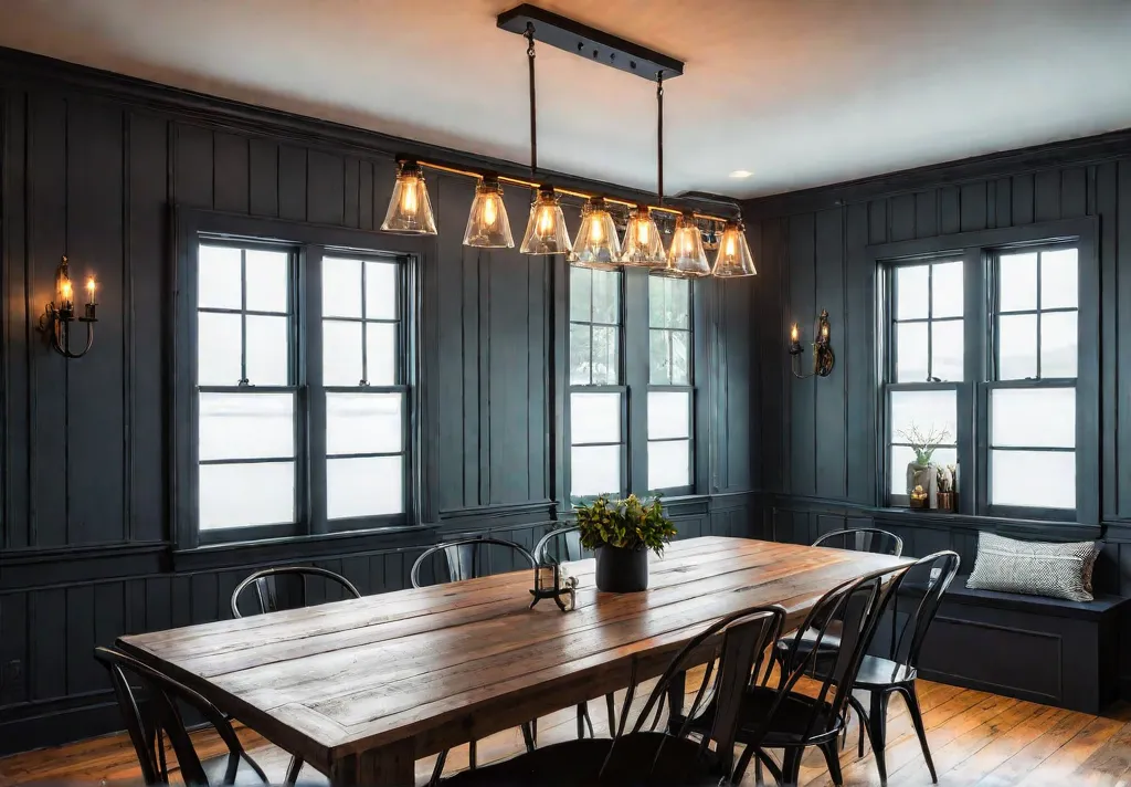 A rustic farmhouse dining room with a large wooden table surrounded byfeat