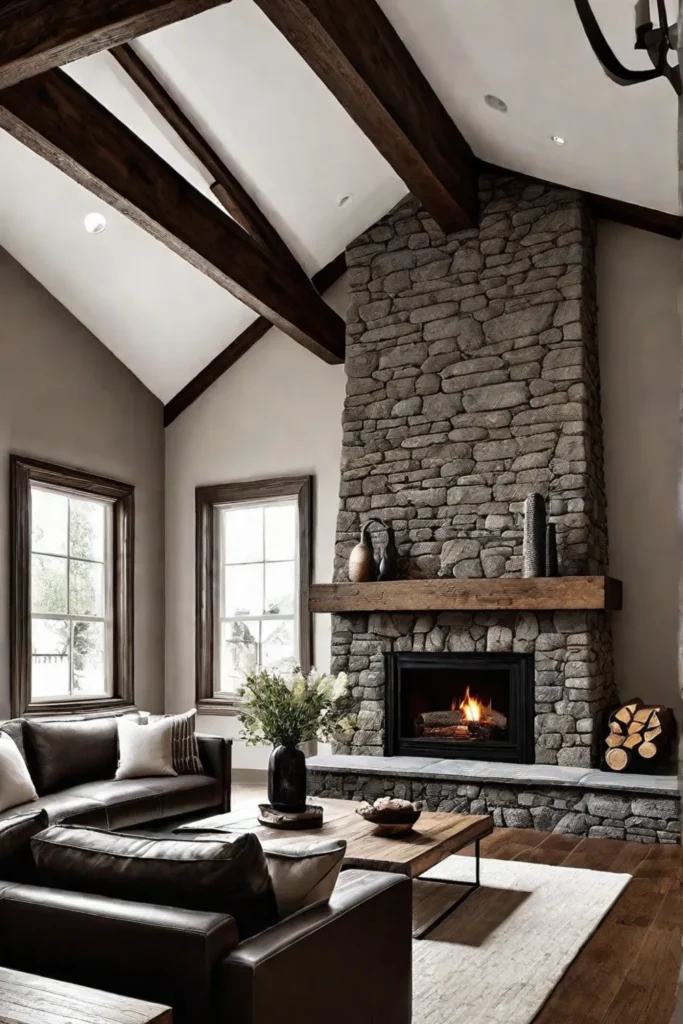 A rusticinspired living room with a textured wallpaper accent wall wooden beams