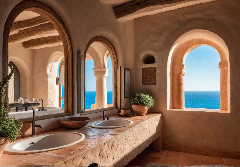 A serene Mediterranean coastal bathroom with warm terracotta tiles a roughhewn stonefeat