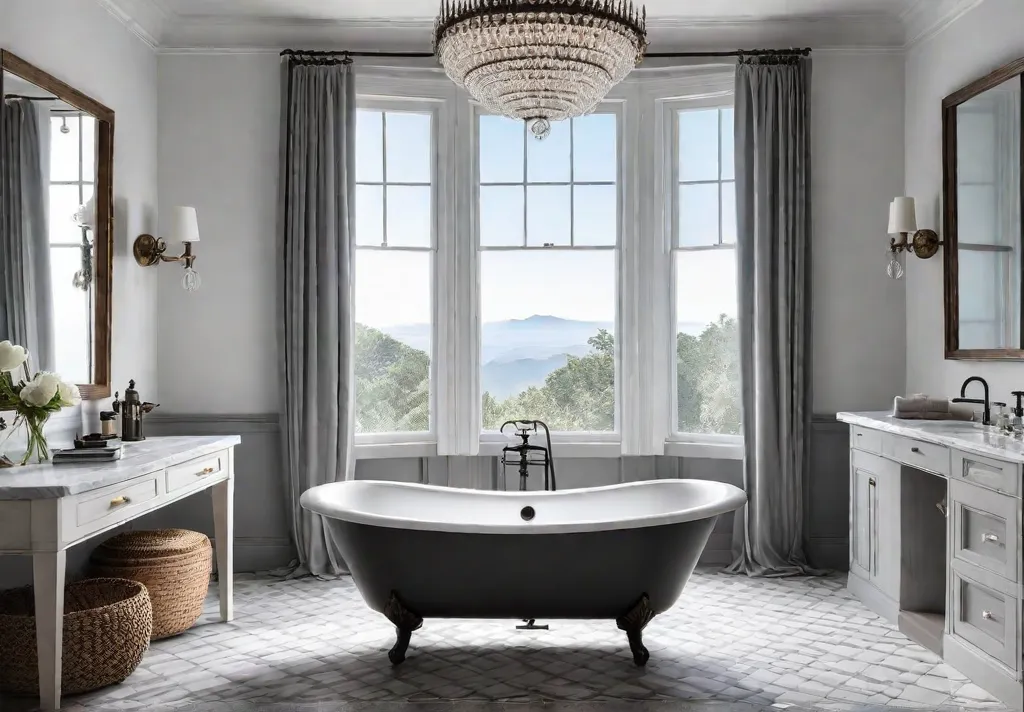 A serene bathroom bathed in natural light featuring a freestanding clawfoot tubfeat