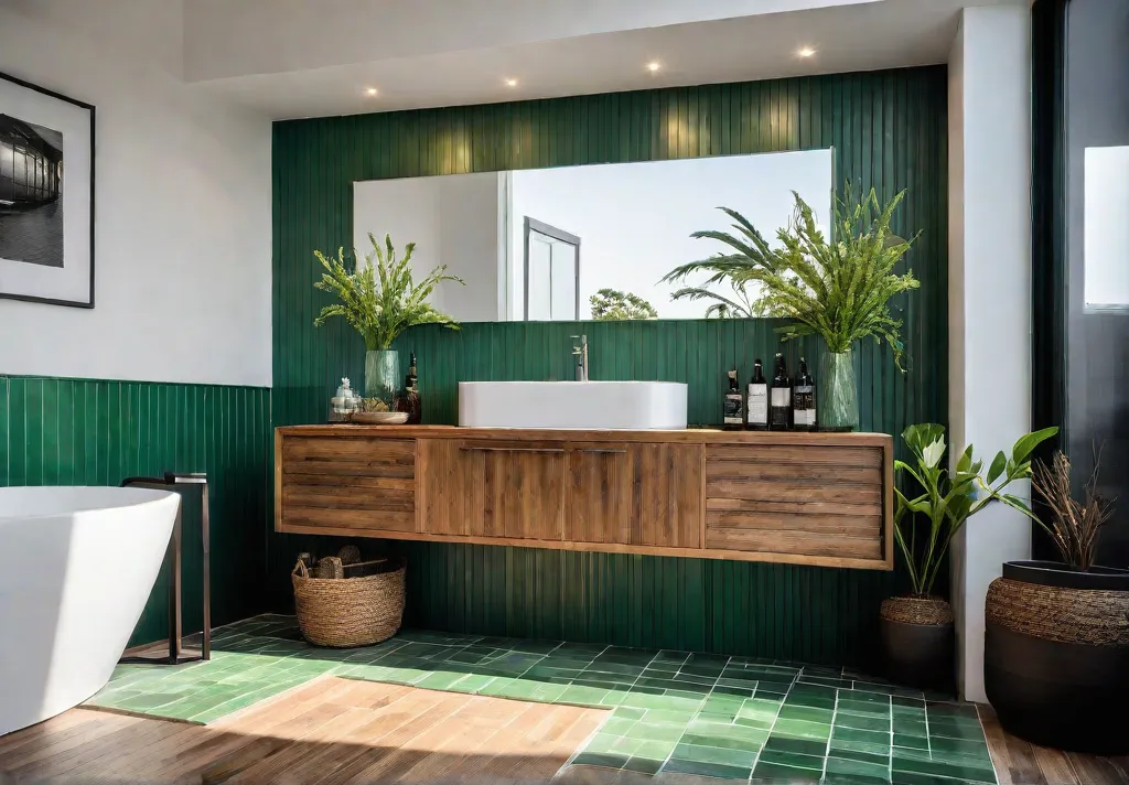 A serene bathroom bathed in natural light featuring a reclaimed wood vanityfeat