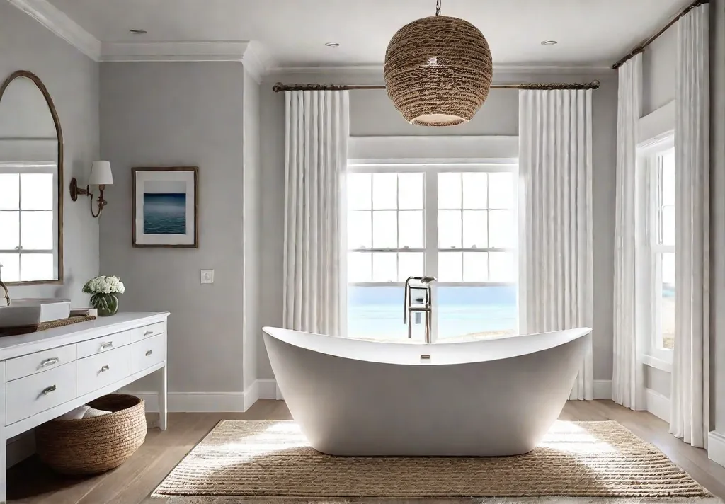 A serene bathroom bathed in natural light with white shiplap walls afeat