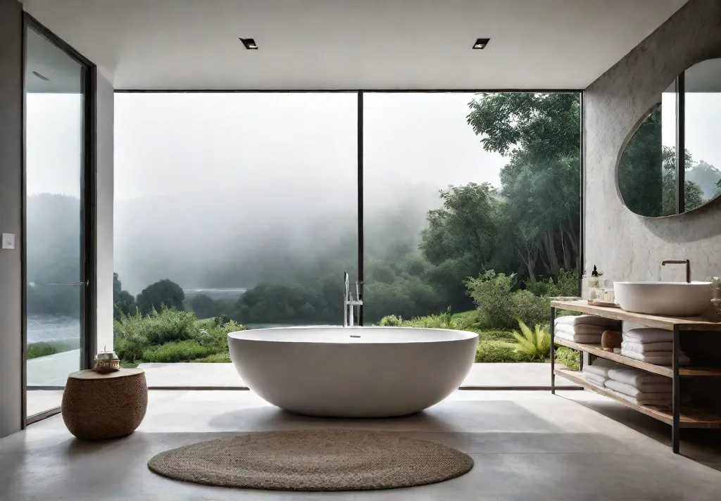 A serene bathroom oasis with a freestanding bathtub positioned beside a largefeat