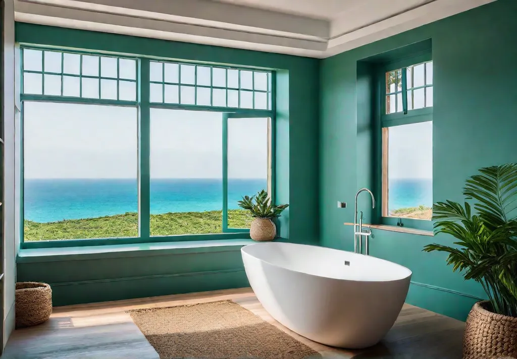 A serene bathroom with soft green walls a freestanding white bathtub andfeat