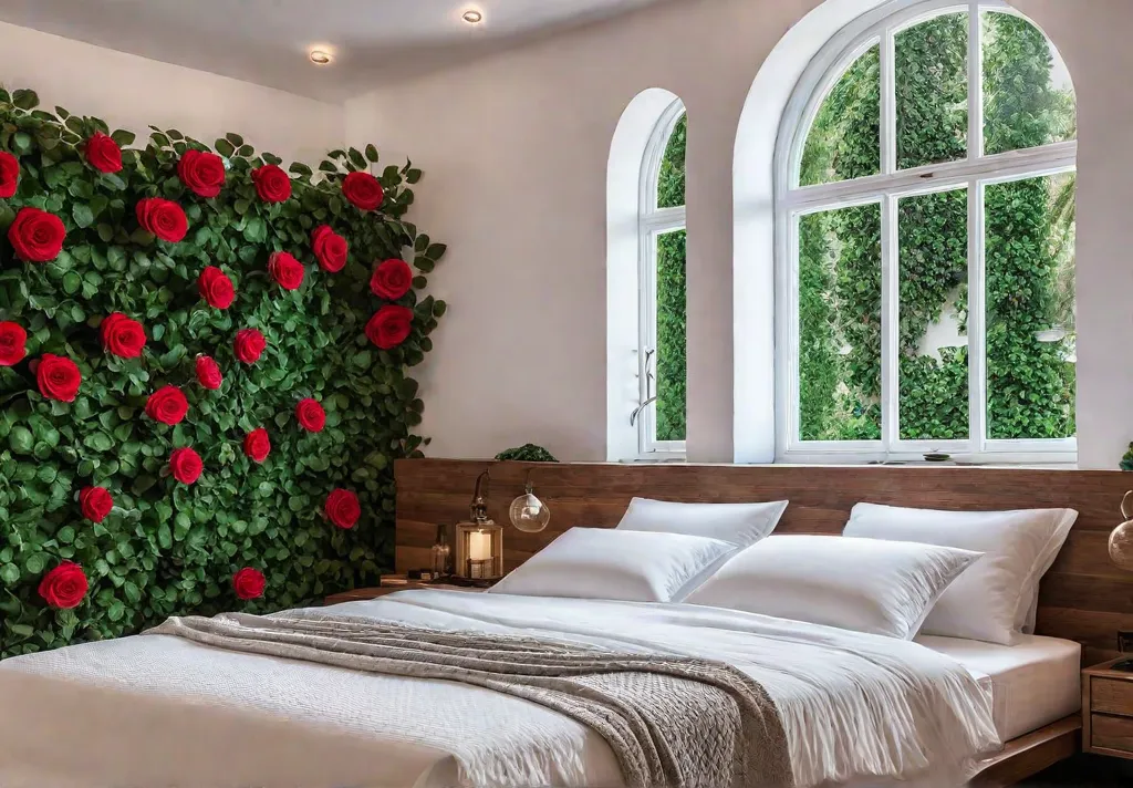 A serene bedroom with floral wallpaper featuring blooming roses and lush greeneryfeat