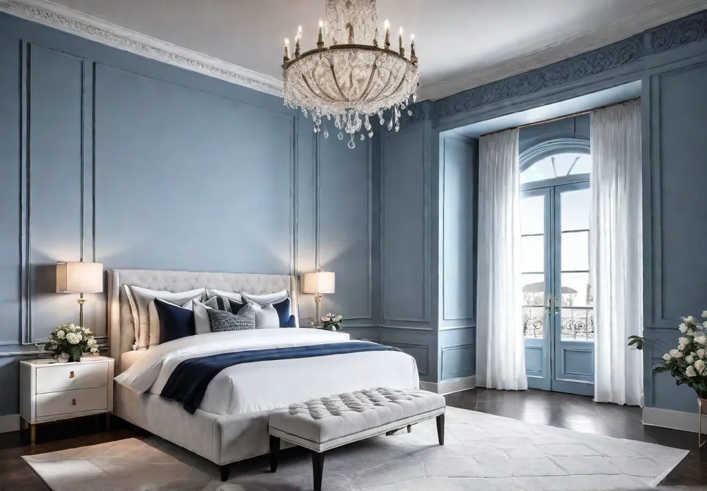 A serene bedroom with soft blue accent walls adorned with a delicatefeat