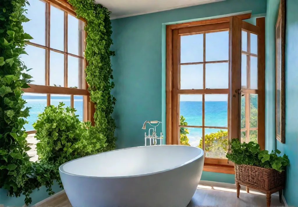 A serene coastal bathroom filled with natural light pouring in from largefeat