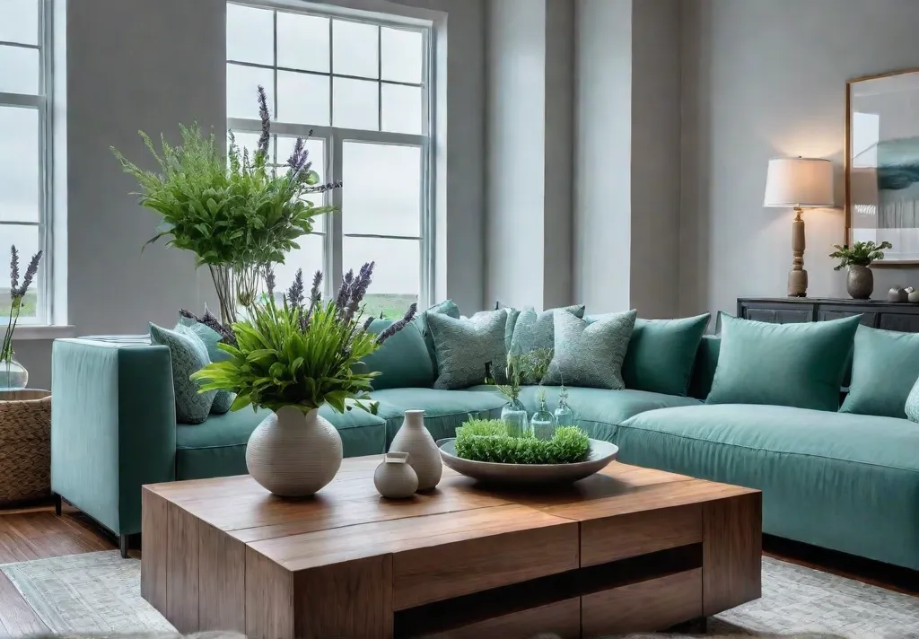 A serene living room bathed in soft natural light with plush sofasfeat