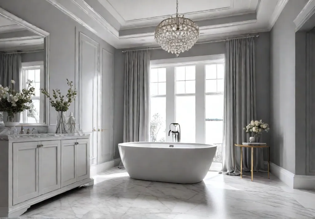 A serene master bathroom with a freestanding bathtub nestled in a bayfeat